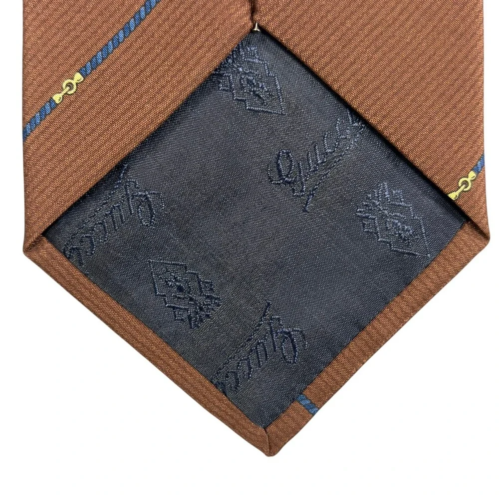 Vintage 80s Gucci Silk Necktie Brown Blue Horsebit GG Logo Equestrian Italy NWT